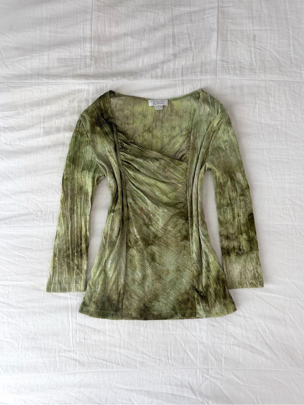 Vintage Christopher & Banks Y2K Fairy Grunge Green Ruched Front Blouse (Size M)